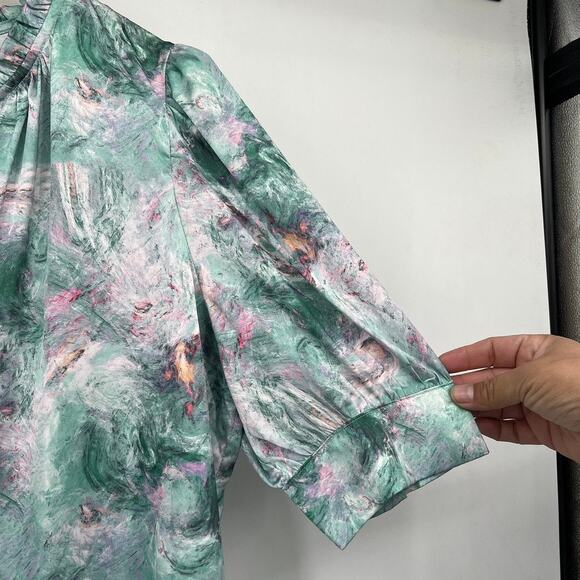 Current Air Watercolor Cuffed Puffed Short Sleeve V Neck Blouse Pink Green XL - Picture 4 of 6